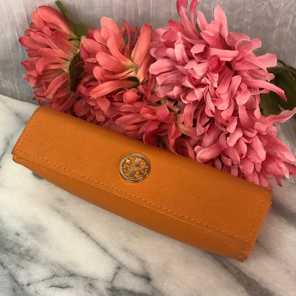 TORY BURCH orange leather eye glasses case triangle snap close gold Miller logo